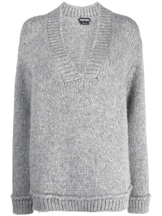 Tom Ford Womens Light Grey Alpaca Wool V-Neck Sweater