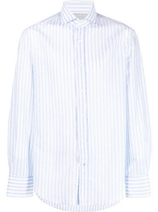 Brunello Cucinelli Mens White & Light Blue Slim Fit Shirt