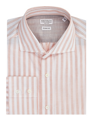 Brunello Cucinelli Mens White & Orange Striped Slim Fit Dress Shirt