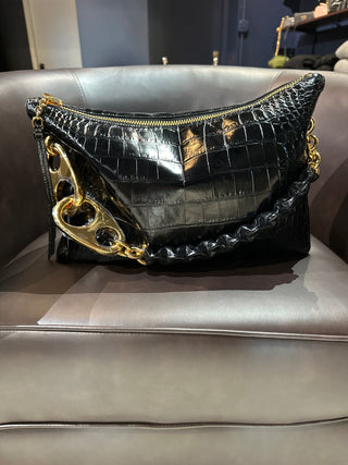 Tom Ford Womens Croc Embossed Black Shoulder Bag