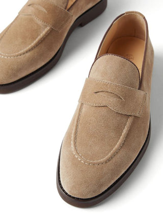 Brunello Cucinelli Mens Penny Slot Suede Loafers in Sand Brown