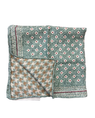 Brunello Cucinelli Green Red Brown Floral Houndstooth Men's Pocket Square