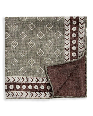 Brunello Cucinelli Green Brown Diamond Abstract Pattern Silk Men's Pocket Square