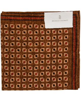 Brunello Cucinelli Brown Red Cotton Geometric Pattern Men's Pocket Square