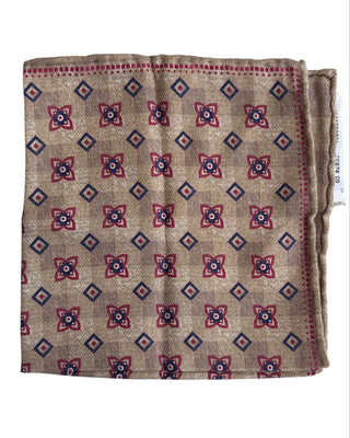 Brunello Cucinelli Taupe Geometric Blue Red Silk Men's Pocket Square