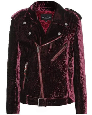 ETRO Womens Velvet Purple Red Quilted Moto Jacket