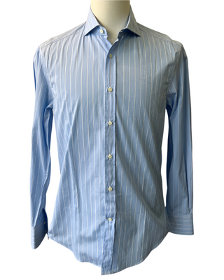 Brunello Cucinelli Mens Light Blue & White Striped Dress Shirt