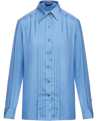 Tom Ford Womens Blue Pleated Long-Sleeved Dress Shirt
