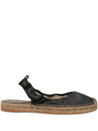 Brunello Cucinelli Leather Black Women's Espadrilles with Straw Bottom