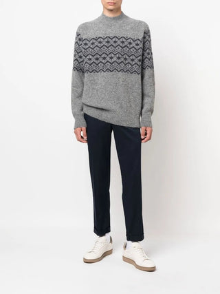 Brunello Cucinelli Mens Jacquard-Detail Crewneck Grey Sweater