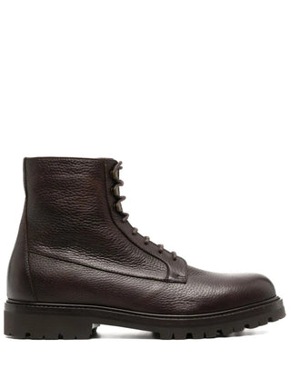 Brunello Cucinelli Mens Pebbled Leather Brown Shearling Boots