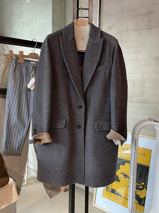 Brunello Cucinelli New Lana Wool Cashmere Grey Check Coat