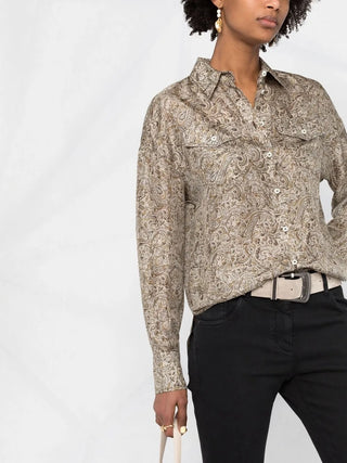 Brunello Cucinelli Brown Green Paisley Pattern Button Down Silk Shirt with Bead Embellishment Detail