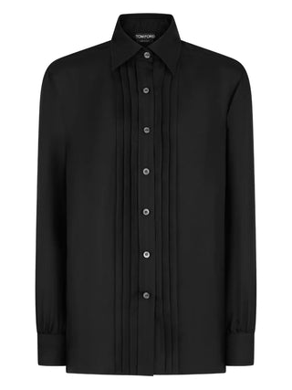 Tom Ford Womens Black Fluid Viscose Silk Twill Shirt With Plisse Plastron