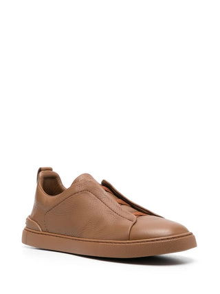 Zegna Mens Caramel Brown Deerskin Triple Stitch Sneakers