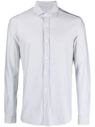 Brunello Cucinelli Mens Leisure Fit White & Green Dress Shirt