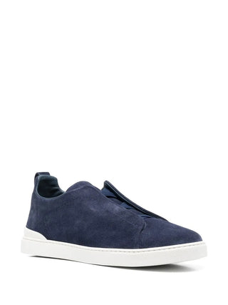 Zegna Mens Blue Suede Triple Stitch Sneakers