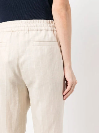 Brunello Cucinelli Men's Beige Linen & Wool White Pinstriped Drawstring Pant