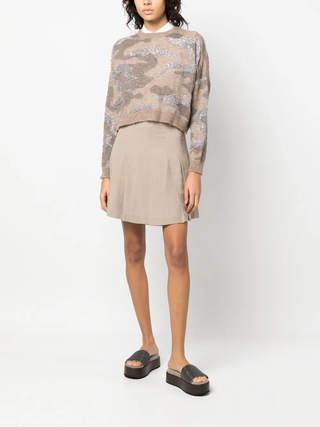 Brunello Cucinelli Women's Light Brown Beige Pleated Viscose Linen Mini Skirt