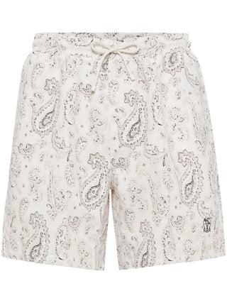 Brunello Cucinelli Mens Beige & Black Paisley Logo-Embroidered Swim Trunks