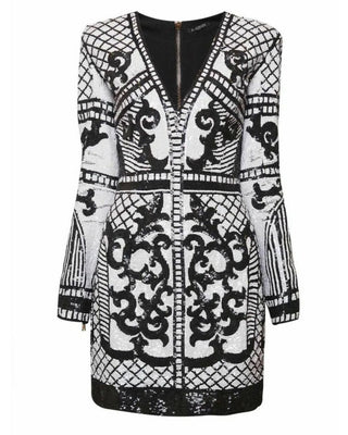Balmain Womens Black & White Sequins Fitted Silhouette Long Sleeved Dress