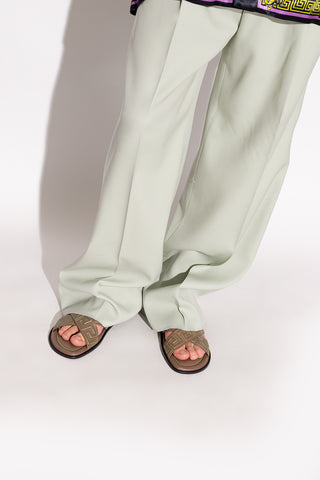 Versace Mens Brown Embroidered Sandals with Greek Pattern & Stitching