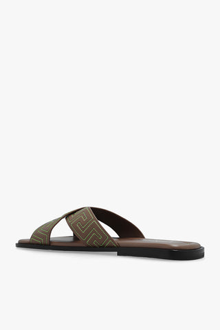Versace Mens Brown Embroidered Sandals with Greek Pattern & Stitching