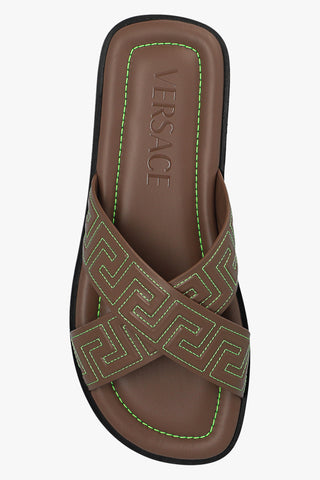 Versace Mens Brown Embroidered Sandals with Greek Pattern & Stitching