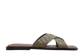 Versace Mens Brown Embroidered Sandals with Greek Pattern & Stitching