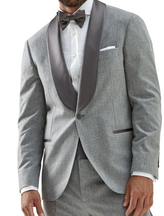 Brunello Cucinelli Mens Light Grey Tuxedo Suit With Dark Grey Satin Contrast