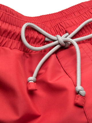 Brunello Cucinelli Mens Red & White Color Block Logo Embroidered Swim Shorts