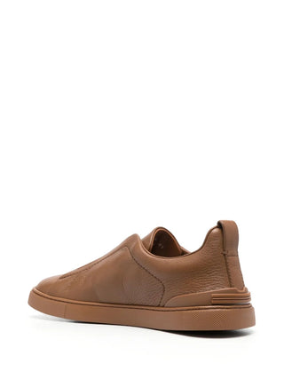 Zegna Mens Caramel Brown Deerskin Triple Stitch Sneakers