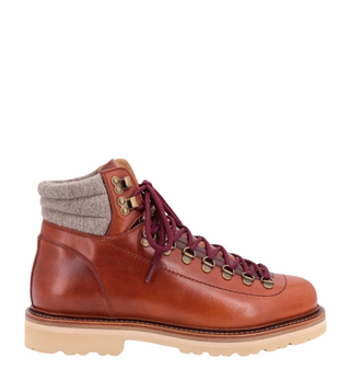 Brunello Cucinelli Mens Brown Leather Boots w Engraved logo & Grey Wool Insert