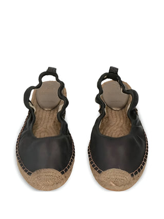 Brunello Cucinelli Black Leather Ruched Slingback Espadrille Flats