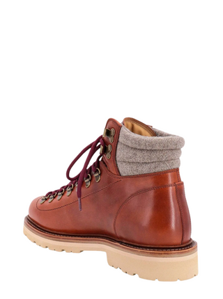 Brunello Cucinelli Mens Brown Leather Boots w Engraved logo & Grey Wool Insert