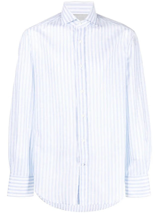Brunello Cucinelli Mens White & Light Blue Slim Fit Shirt
