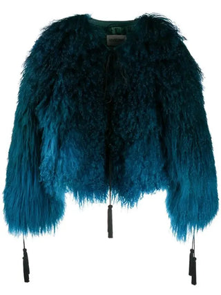 Roberto Cavalli Womens New Leather Fur Silk Satin Viscose Greens & Blue Jacket