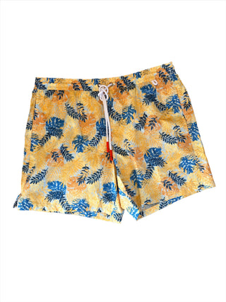 Isaia New Mens Yellow Blue Leaf Pattern Swim Trunk