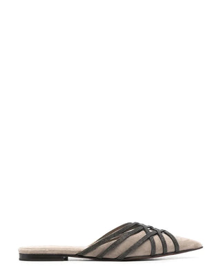 Brunello Cucinelli Women's Grey Leather Suede Ballet Shoes In Roccia + Ultra Black