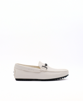 Tods Mens White Grained Gommino Driver Shoe with Front Black Buckle