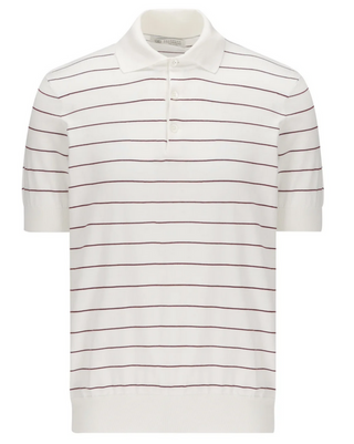 Brunello Cucinelli Mens White & Dark Red Striped-Effect Cotton Polo Shirt