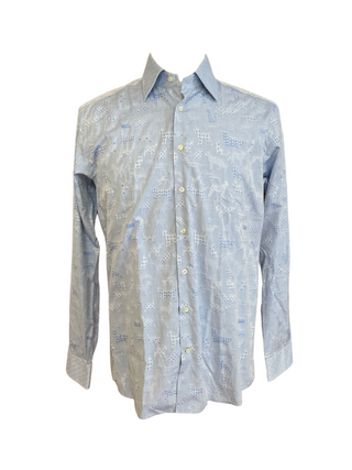 ETRO Mens Jacquard Light Blue Button Down Leopard Cat Print Shirt