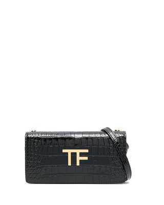 Tom Ford Womens Leather Croc Effect Logo Bag In Black