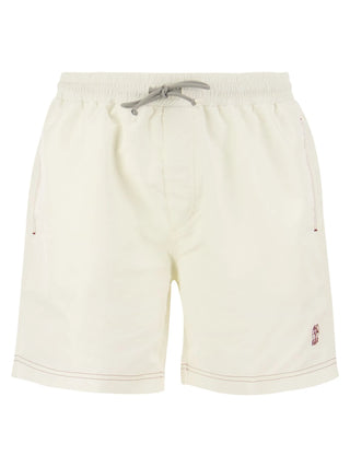 Brunello Cucinelli Mens Logo Embroidered Swim Trunks in White