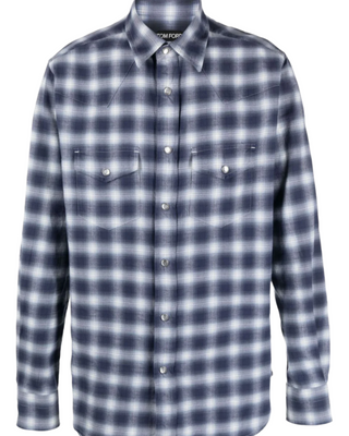 Tom Ford Mens Plaid Blue 100% Cotton Casual Shirt