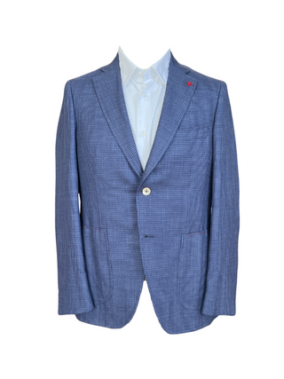 Isaia Mens Medium Blue Navy Checkered Wool Linen Silk Blazer Jacket