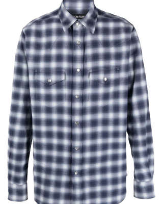 Tom Ford Mens Check Print Cotton Shirt in Blue