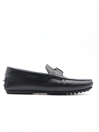 Tods Mens Black Leather Gommino Driver Shoe with Black T Logo Center