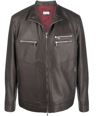 Brunello Cucinelli Mens Leather Zip Up Brown Jacket