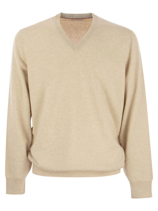 Brunello Cucinelli Mens Cashmere V Neck Sweater in Beige